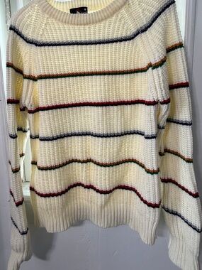 Cream Striped Crewneck Sweater with Multicolor Bands